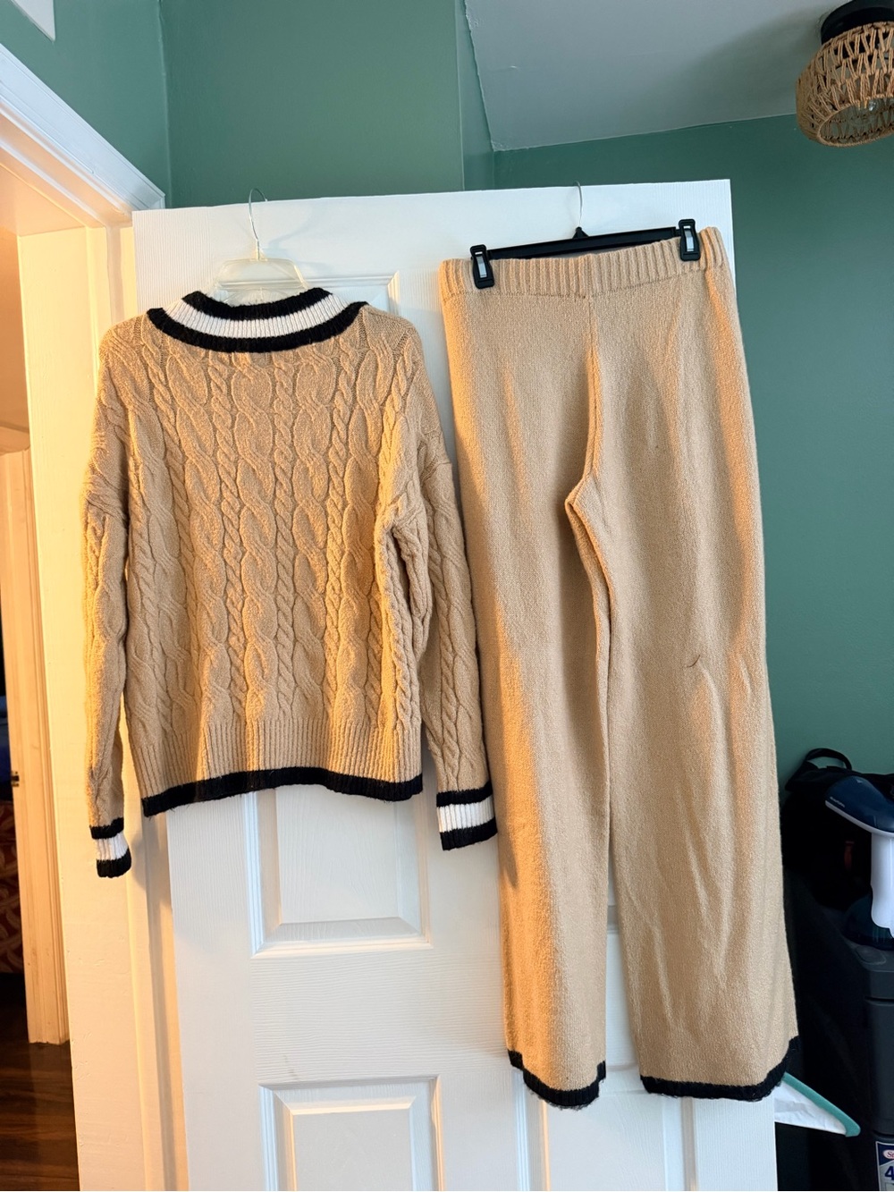 Fashion Nova Beige Cable Knit Sweater Set with Black Trim